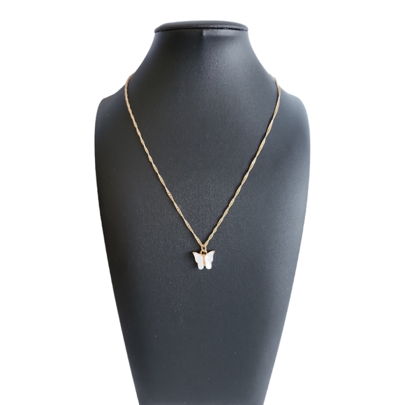 Gold Tone White Butterfly Pendant Necklace - Picture 3 of 11